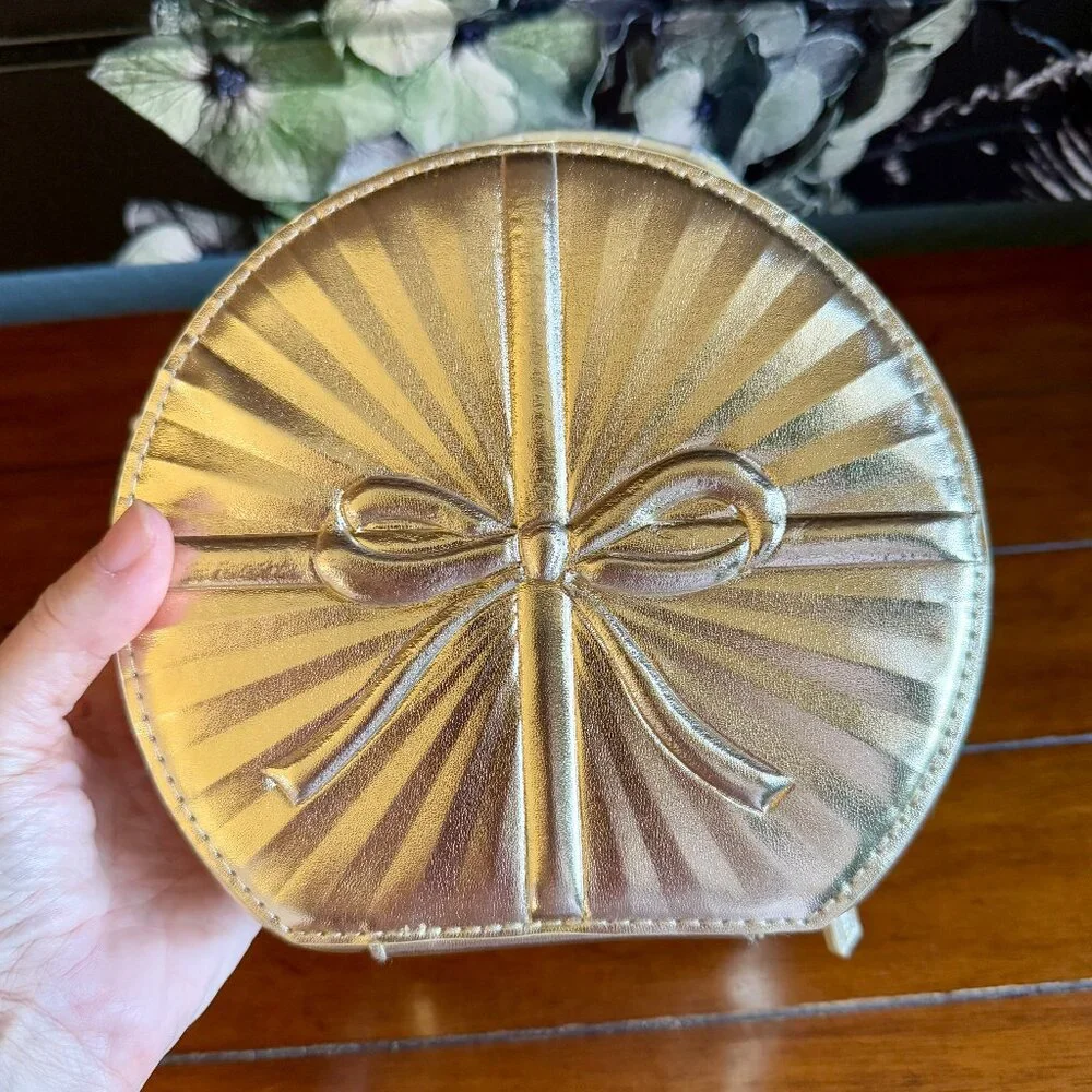 NEW GOLD BOW ROUND COSMETIC BAG with Mirror Bath & Body Works